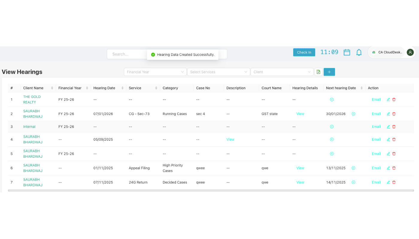 Add Case or Notice form with hearing dates and case details