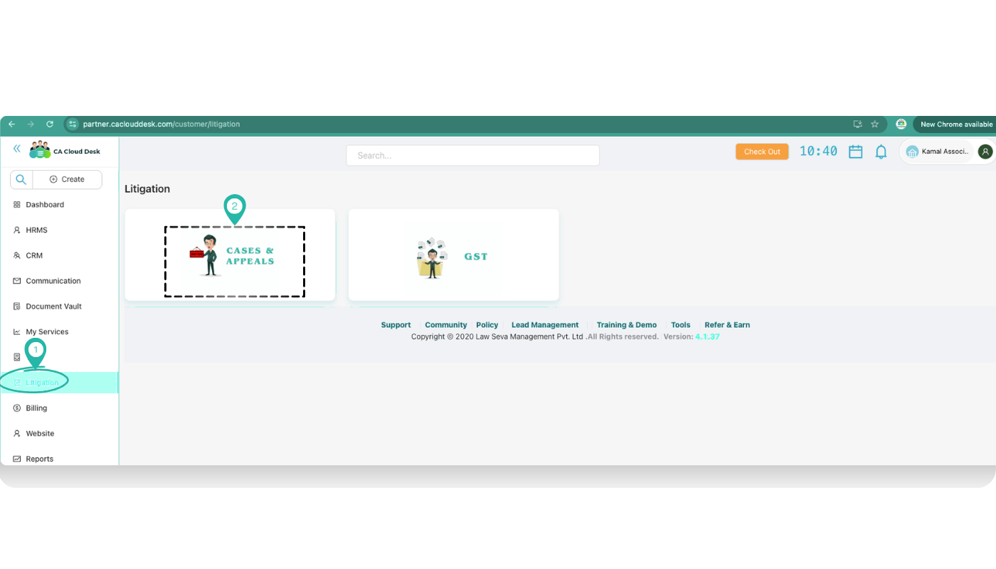Litigation hub showing Cases and Appeals tile
