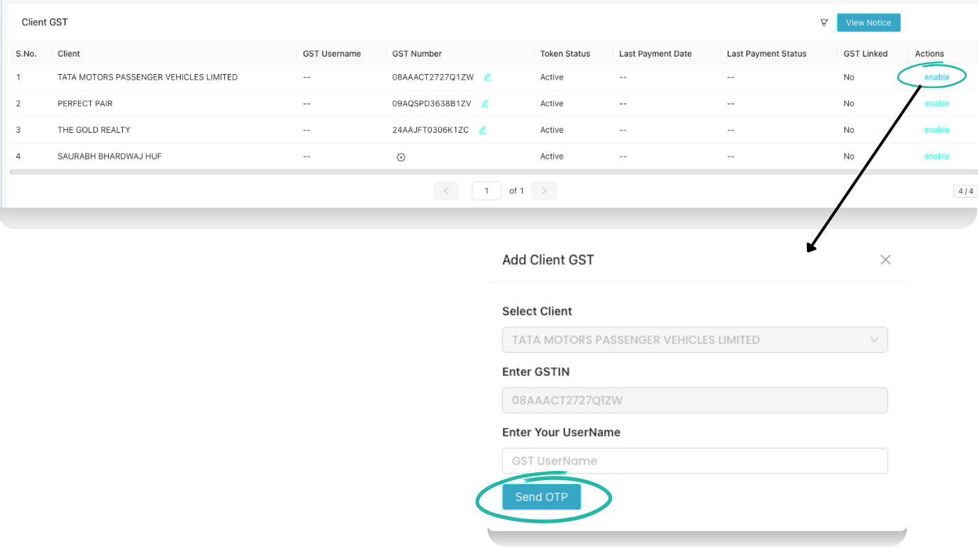 Client GST, enable and link GSTIN