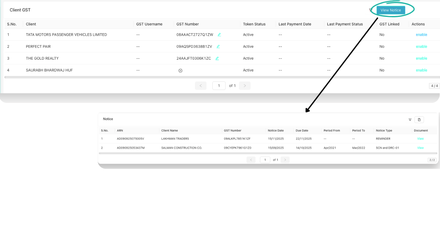 GST notices, ARN, dates, type, documents