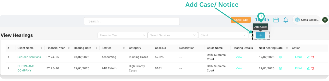 Partner Desk View Hearings list with case filters and add case action