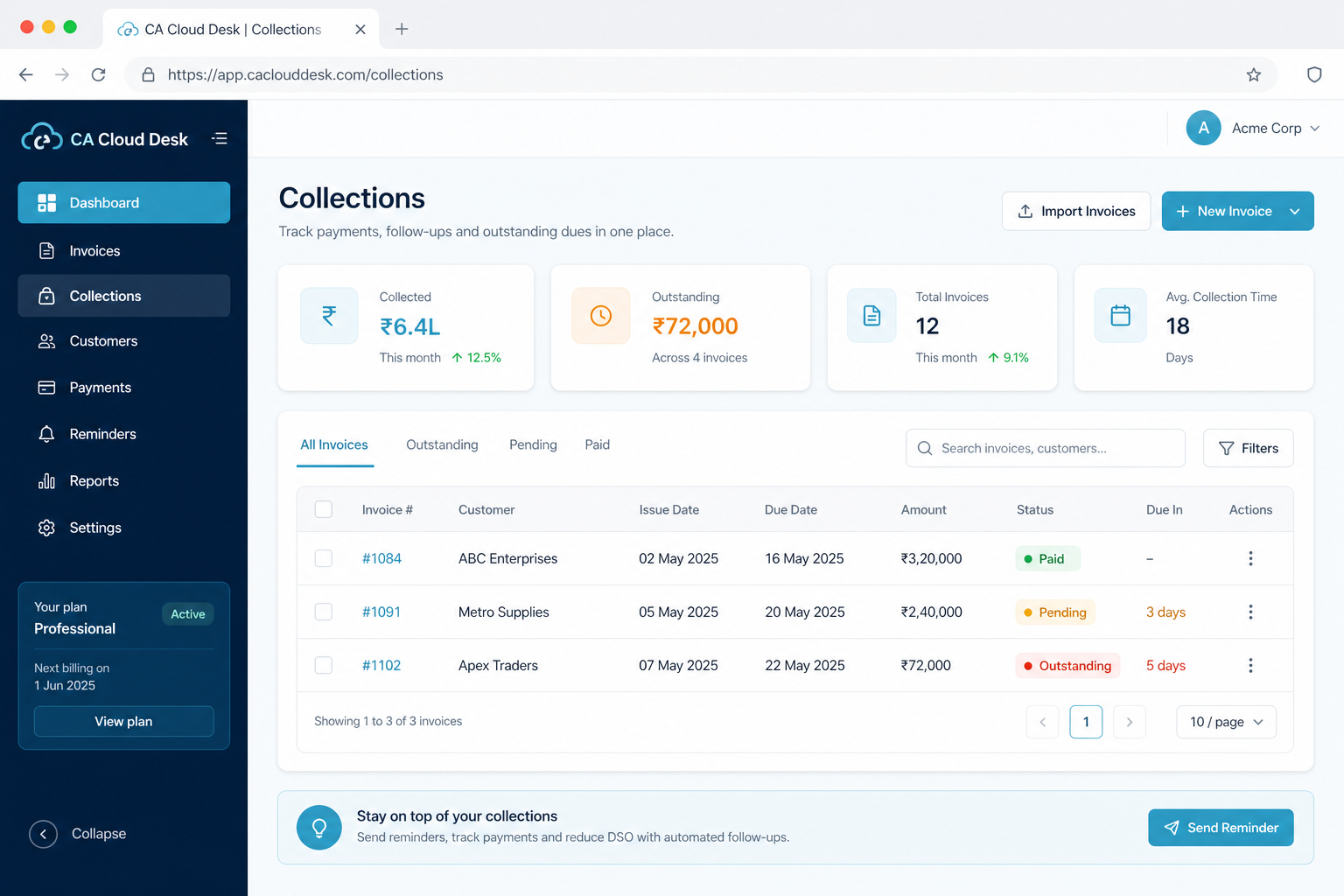Sample CA Cloud Desk B2B collections desk with invoice statuses